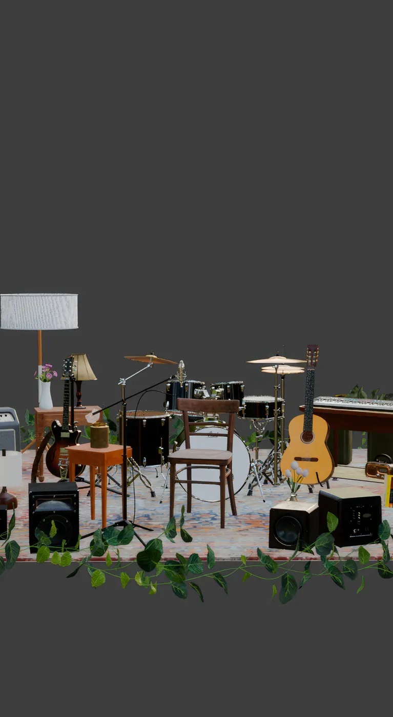 Instrumentos del set sobre fondo neutro