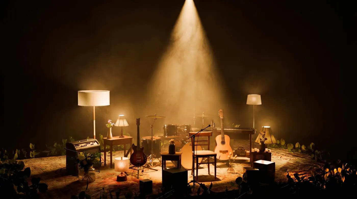 Escenario con instrumentos iluminado en cálido