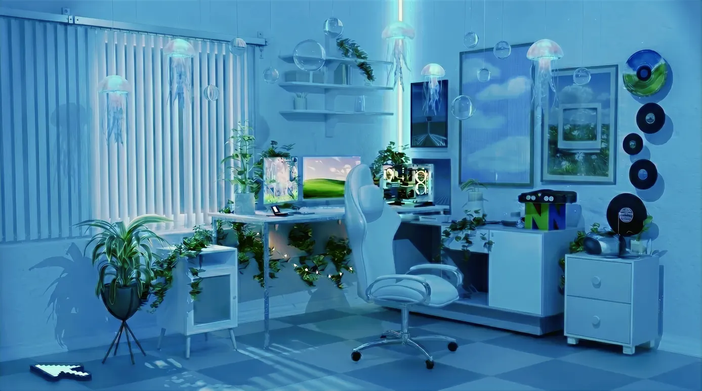Habitación estilo Frutiger Aero en tonos azules